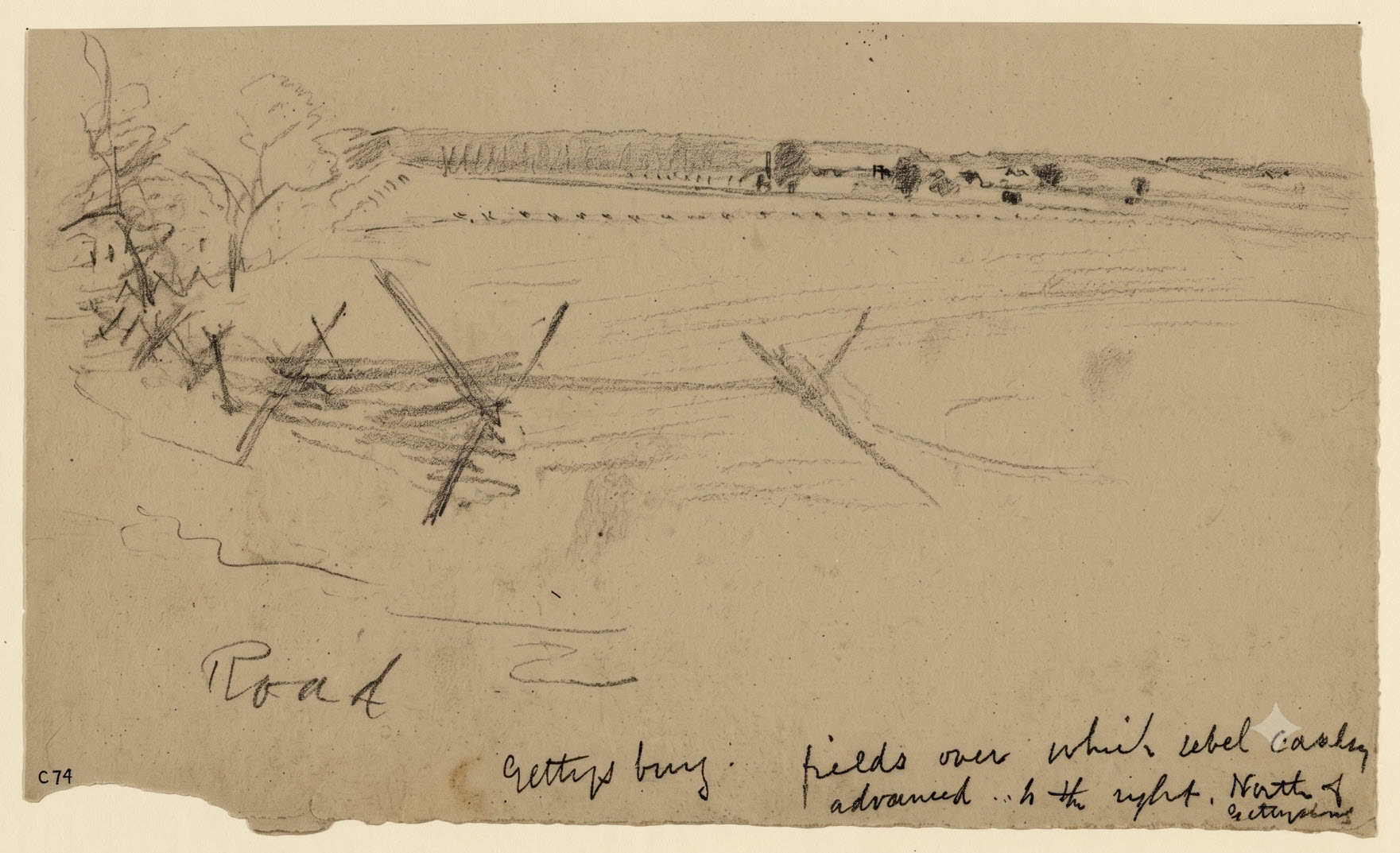 Alfred Waud sketch of fields north of Gettysburg over which rebel cavalry advanced, July 1863