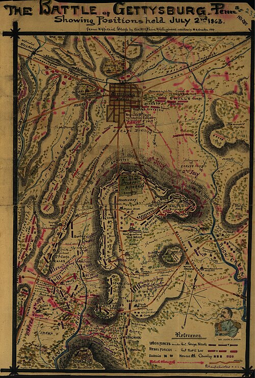 Battlefield map showing troop positions at Gettysburg on July 2 1863 including the Wheatfield and Peach Orchard