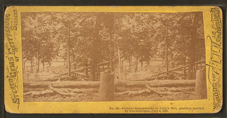 Stereoview photograph of Union defensive breastworks on Culp's Hill at Gettysburg