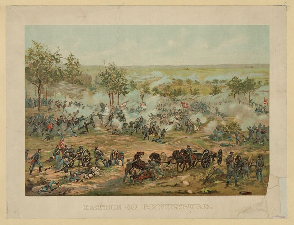 Pickett's Charge – Confederate infantry advancing across open fields toward Union lines at Gettysburg, July 3 1863