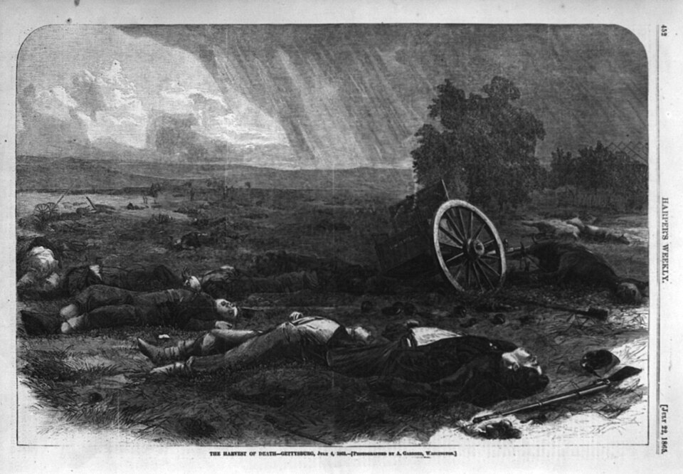 Dead soldiers on the Gettysburg battlefield photographed by Alexander Gardner, July 4 1863