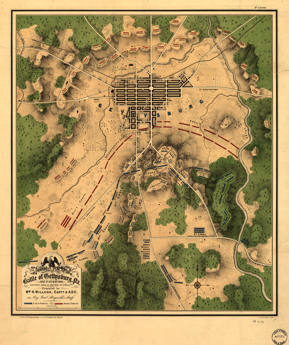 Detailed map of the Battle of Gettysburg 1863 showing key battlefield locations