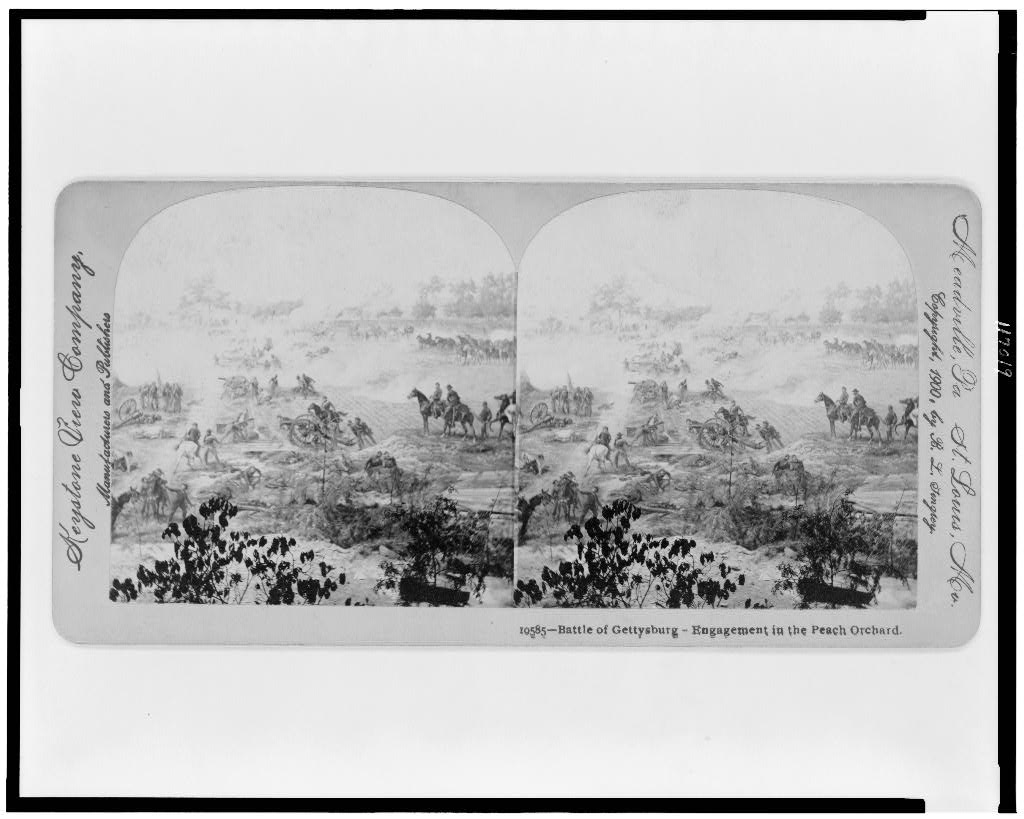 Battle of Gettysburg engagement at the Peach Orchard – stereoview photograph, Library of Congress, c.1900