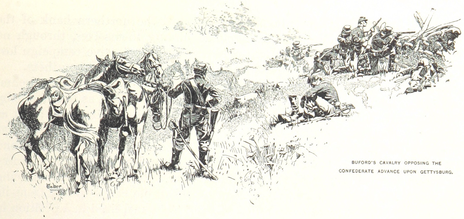 1887 engraving showing Union cavalry under General Buford opposing the Confederate advance at the opening of the Battle of Gettysburg