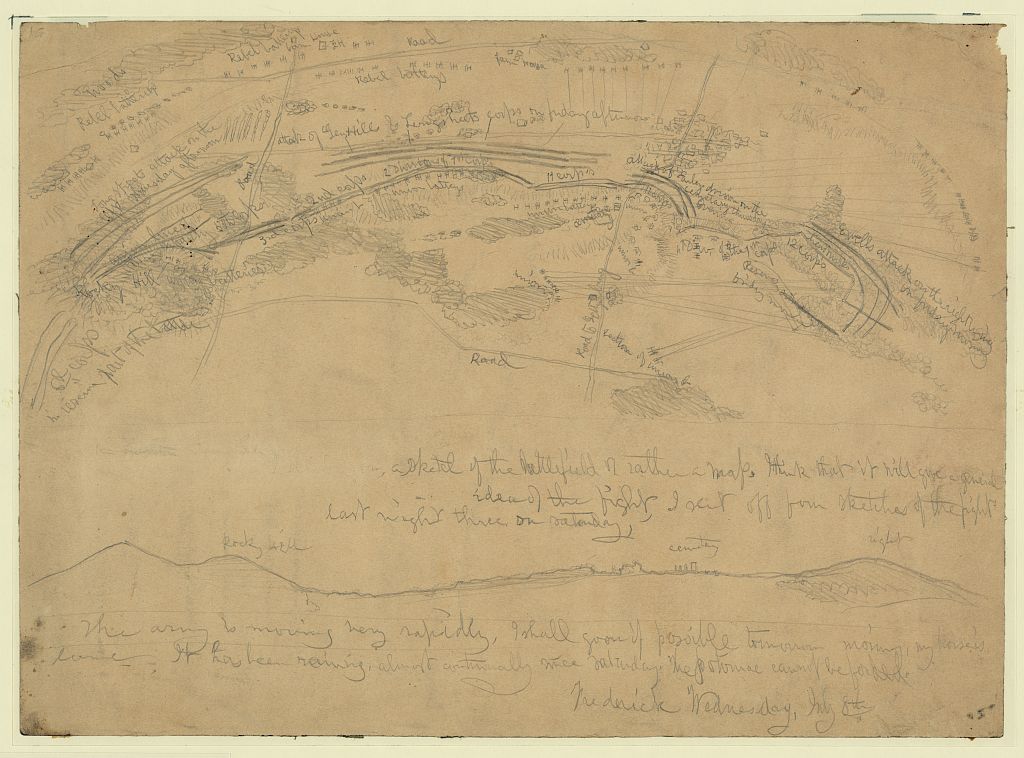 Pencil sketch map of the Battle of Gettysburg drawn by artist Edwin Forbes in July 1863, high-resolution scan