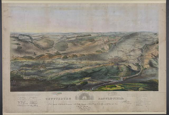 Color bird's-eye view lithograph of Gettysburg battlefield showing Union and Confederate army positions during the Civil War
