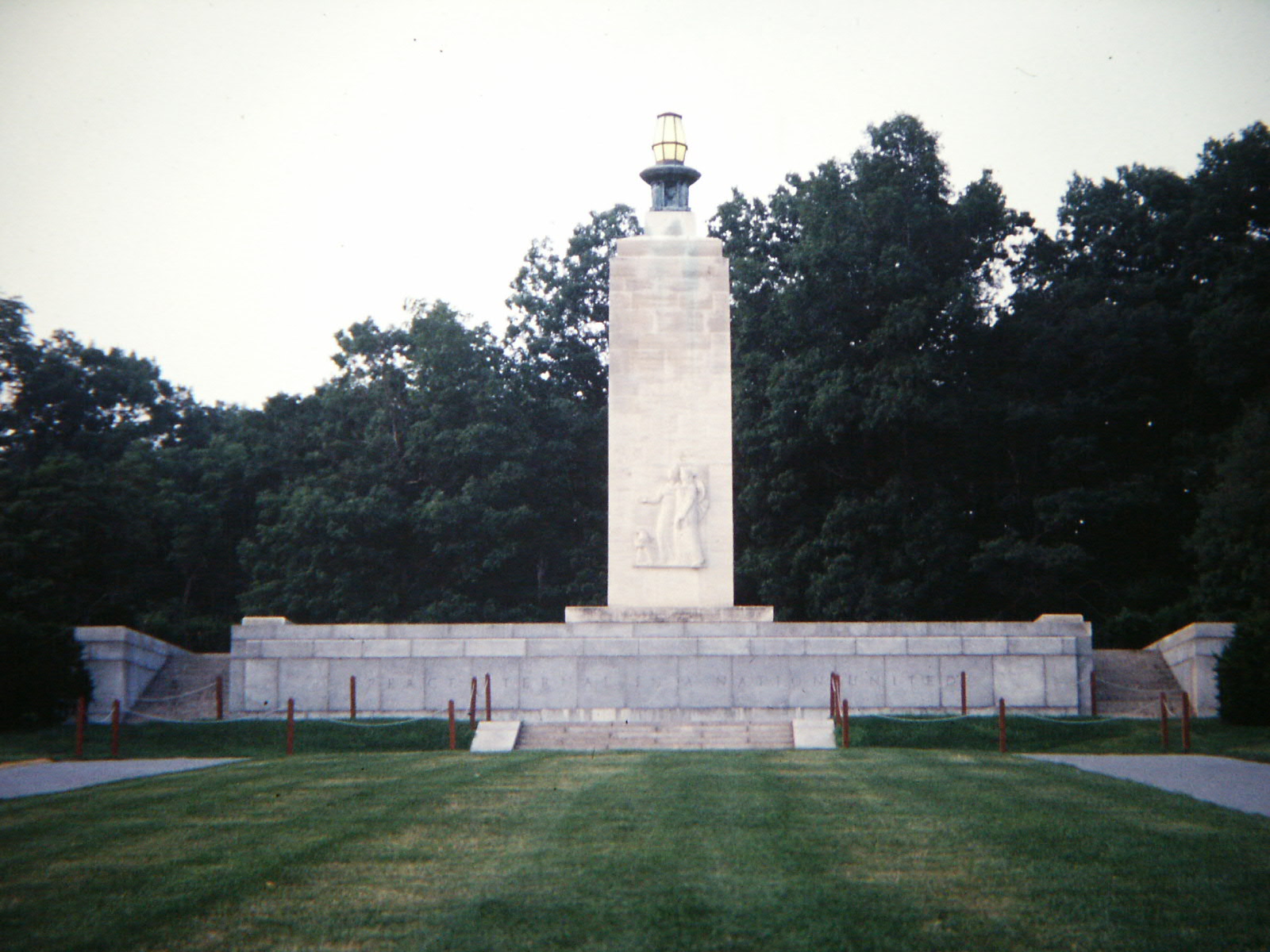 The white stone Eternal Light Peace Memorial with its eternal flame at Gettysburg National Military Park
