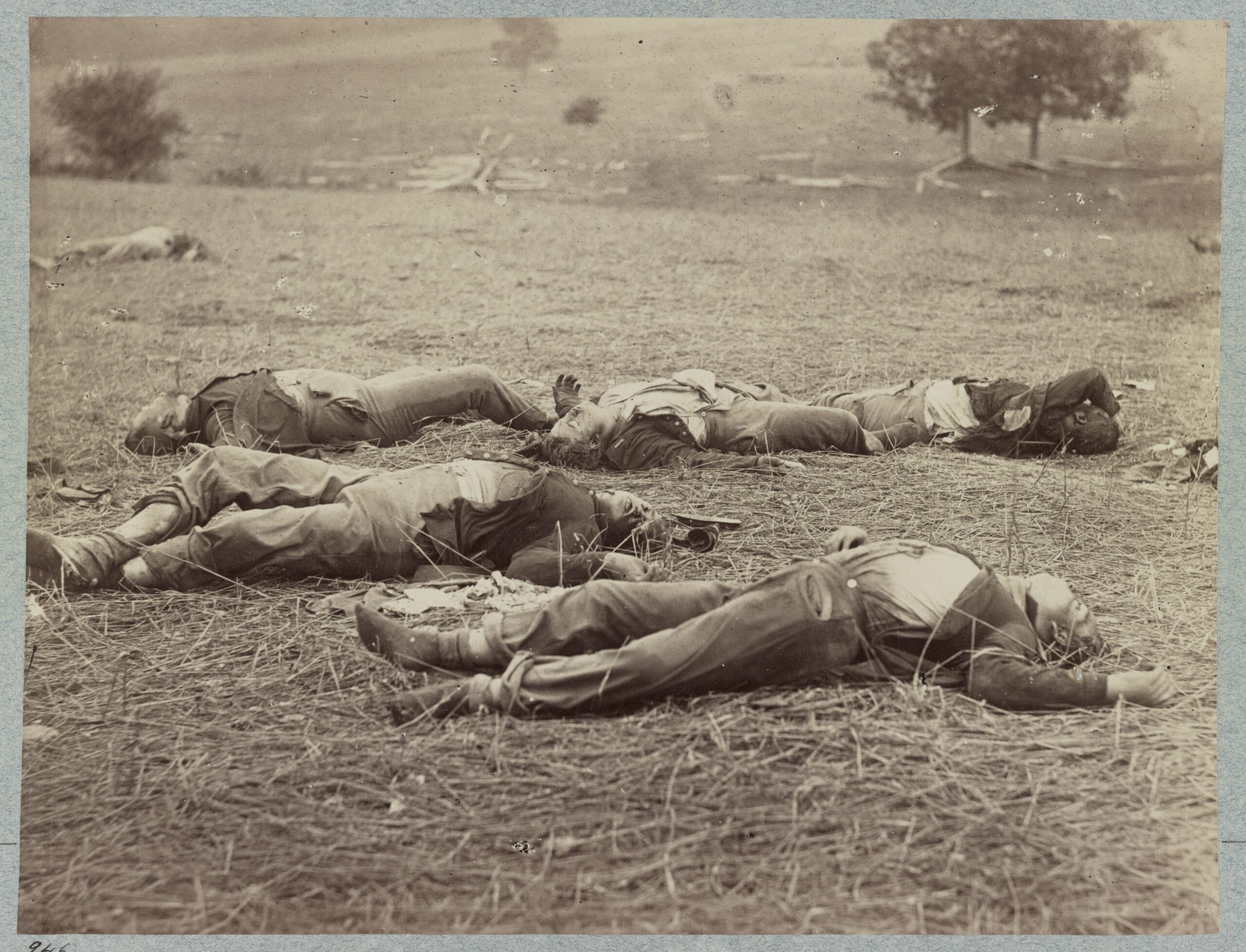 Historic 1863 photograph showing fallen Union soldiers on the Gettysburg battlefield after the first day of fighting