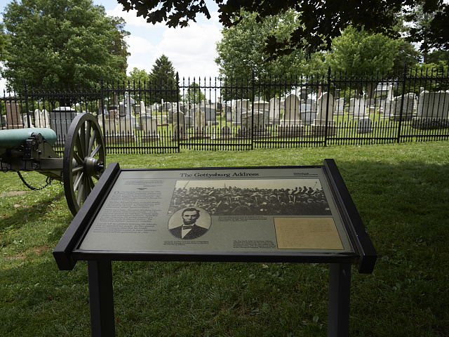 Historic marker at the site where President Abraham Lincoln delivered the Gettysburg Address at Gettysburg National Cemetery Pennsylvania