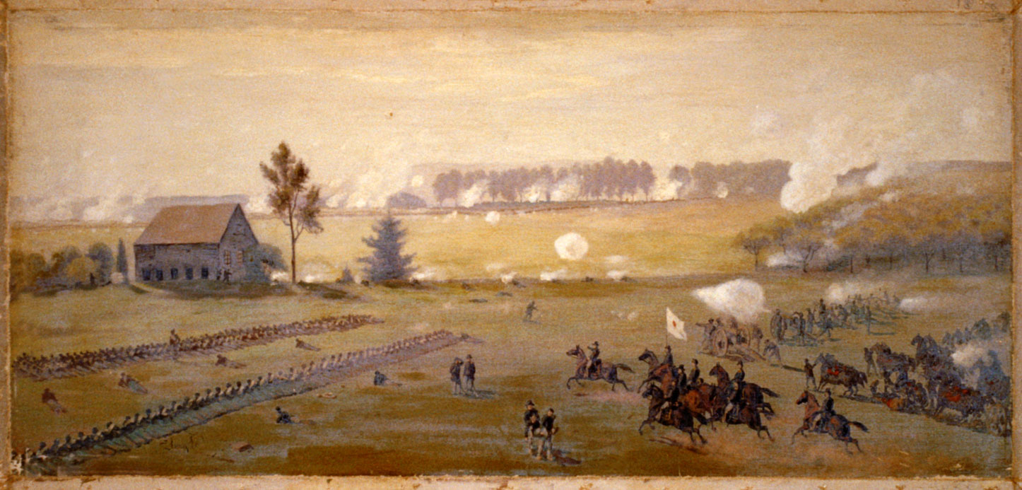 19th-century painting by Edwin Forbes showing Union troops and General Sickles at the Peach Orchard at Gettysburg